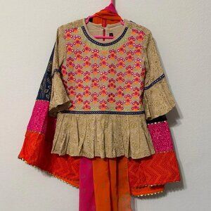 Girls Traditional Wear Top, Lehenga Skirt & Dupatta Beige Pink Orange Blue 4-5yr